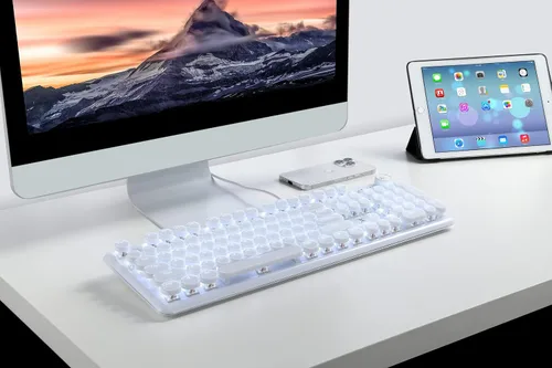 Vista 4 de Teclado para juegos, estilo retro punk, interruptores azules, retroiluminación blanca, cable USB, para PC, laptop, computadora de escritorio