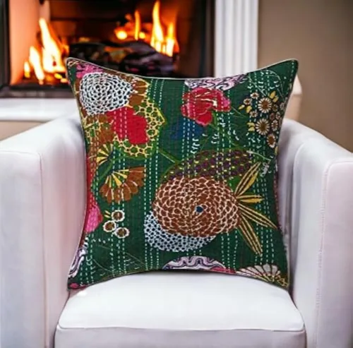 Vista 24 de Funda decorativa chic bohemia hippie para sofá, funda de almohada hecha a mano con frutas Kantha, de algodón, fundas de almohada bohemias