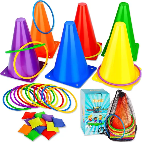 Vista 8 de Eocolz Juego combinado de 49 piezas de juegos de carnaval al aire libre para niños con luz LED, conos de plástico, obstáculos, puf, bolas