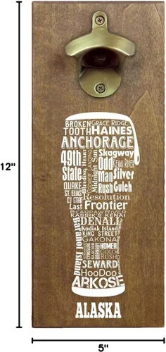 Vista 3 de Torched State Craft - Abridor magnético de botellas de cerveza con tapa (Alaska) Abrebotellas montado en la pared para nevera Es un gran regalo
