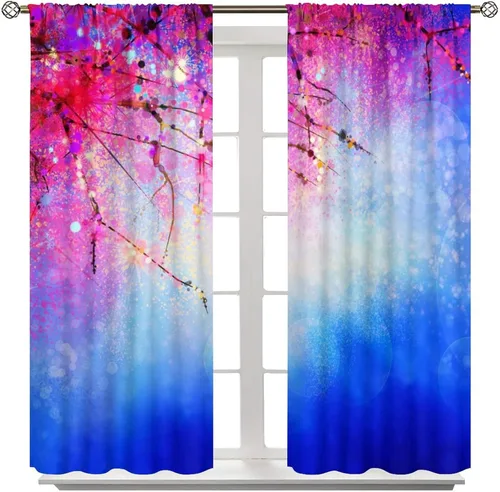 Vista 8 de Cortinas opacas con diseño floral de galaxia azul abstracta para dormitorio, cortinas de ventana de teñido anudado con diseño de flor de cerezo