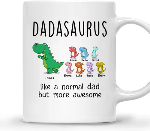 Vista 16 de Gossby Taza de Café Personalizada DADASAURUS – Regalo Personalizado para Papá de Niño, Hija, Hijo, Esposa Con Diseño, Nombres – Divertido Día