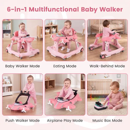 Vista 2 de BABY JOY Andador de bebé 6 en 1 con ruedas, caminador de actividad plegable Rosa