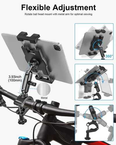 Vista 3 de Soporte para tableta de bicicleta, soporte para tableta de motocicleta con brazo de metal, abrazadera de bicicleta con ajuste de 360 grados