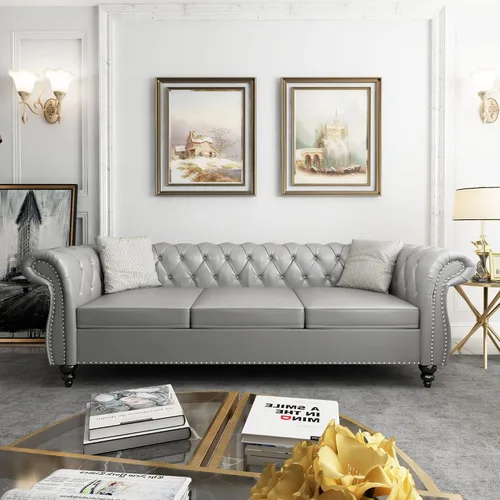 Vista 12 de Sofá Chesterfield, Sofá Moderno de Terciopelo Capitonado de 3 Plazas con Brazos Enrollados y Tachuelas para Sala de Estar, Dormitorio, Oficina, Azul