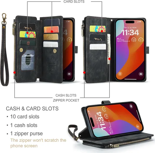 Vista 2 de CaseMe - Funda tipo cartera para iPhone 15 Pro Max, multifunción, hecha a mano, de piel sintética, con cremallera, a prueba de golpes, con cierre