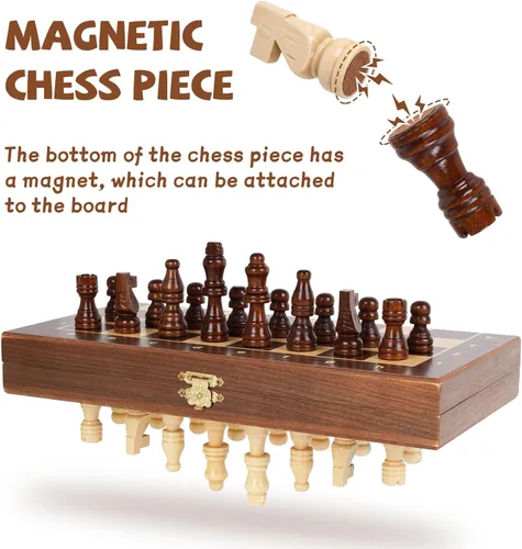 Vista 3 de Juego de ajedrez magnético de viaje de 12 pulgadas, tablero de ajedrez magnético de madera con 2 reinas extra, tablero de ajedrez plegable