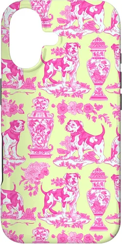 Vista 32 de Chinoiserie Dog Yellow Pink Toile Preppy Grandmillennial Case for iPhone 16