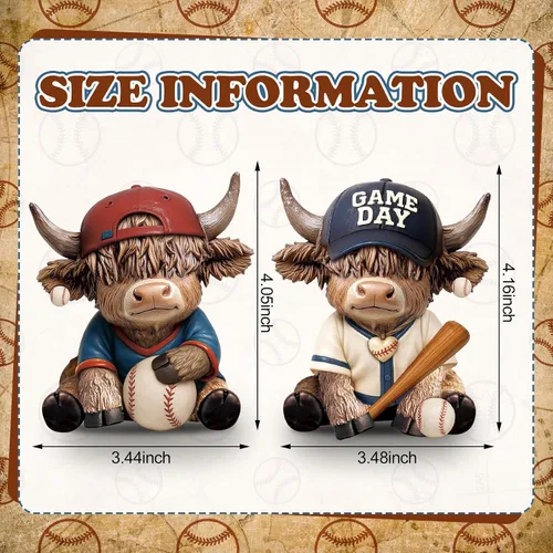 Vista 3 de Wesiti 2 figuras de vaca de las tierras altas de béisbol, bonita estatua deportiva de resina con murciélago y pelota, regalos para fanáticos