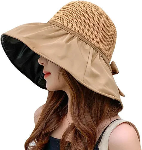 Vista 7 de Sombrero de paja de malla de ala ancha para mujer, protección UV, sombrero de paja plegable de verano, UPF 50+ Beige