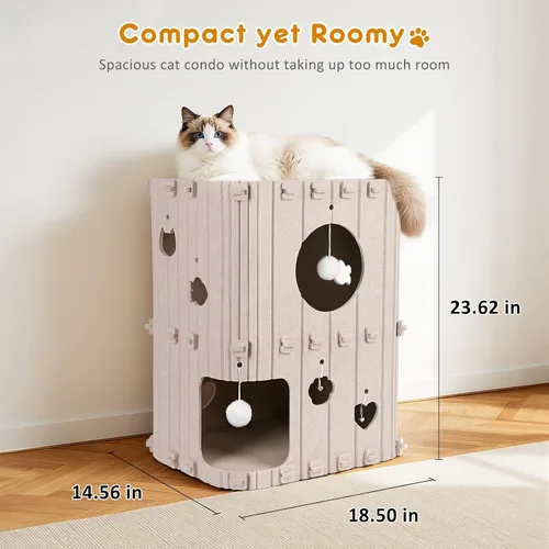 Vista 4 de Casa para gatos de interior – Cueva cerrada de 2 pisos para gatos múltiples y grandes, cubierta de fieltro para mascotas, túnel de condominio, cubo