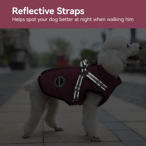 Vista 5 de Abrigo para perros – Chaqueta cálida impermeable a prueba de viento para mascotas con arnés integrado – Chaleco de forro polar para perros pequeños