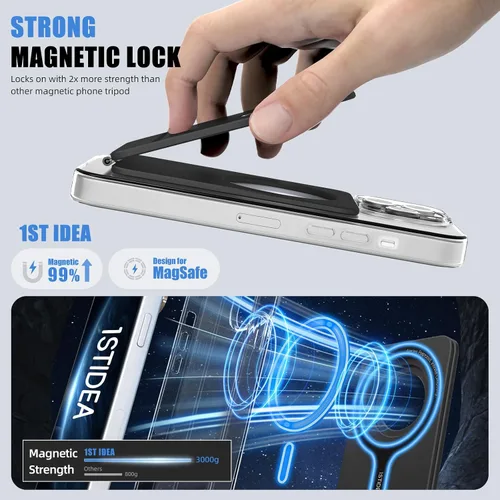 Vista 6 de IST IDEA - Trípode Magsafe para iPhone, aleación de aluminio ligero, ajuste de ángulo e imanes fuertes, trípode compatible con 17/16/15/14/13/12