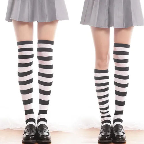 Vista 4 de TOMORI Calcetines largos por encima de la rodilla para mujer, con rayas largas hasta el muslo, casuales, elegantes, calcetines de tubo