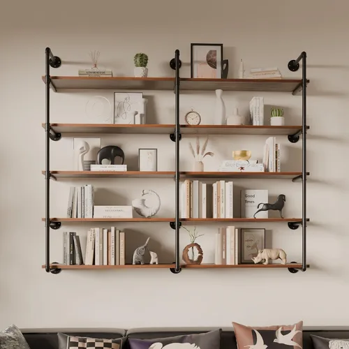 Vista 22 de Estante industrial de tubo de hierro de 5 niveles, estantería de tubo de 48 pulgadas con tablón de madera maciza, estantes abiertos para libros