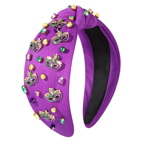 Vista 16 de MOLOCH Diadema de Mardi Gras para mujer, con cuentas moradas, amarillas, verdes, estrellas, diadema anudada, carnaval, joyería de cristal, nudo