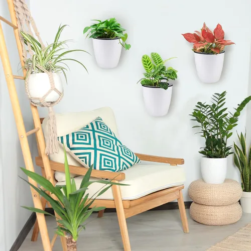Vista 9 de Jucoan Paquete de 9 macetas colgantes de pared de riego automático para plantas de interior, maceta perezosa de plástico blanco de 5 pulgadas con 9