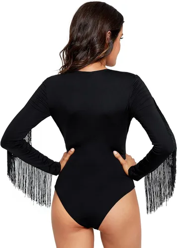 Vista 2 de SweatyRocks Body de malla transparente de manga larga con flecos y hombros descubiertos para mujer