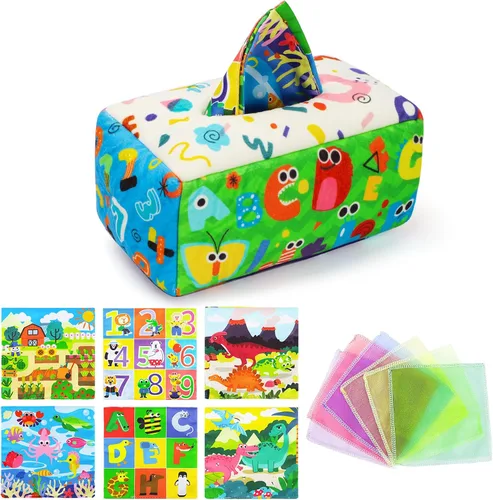 Vista 7 de URMYWO Caja de pañuelos de bebé juguete - Juguetes Montessori para bebés de 6-12 meses 1 año niño niña - Juguetes sensoriales suaves crujientes