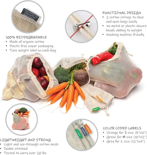 Vista 3 de 12+1 bolsas reutilizables para productos alimenticios, lavables, bolsas de malla de algodón orgánico, doble costura y peso de tara, bolsas de malla