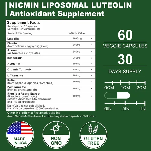 Vista 2 de Luteolina liposomal de 1000 MG, absorción máxima, potente suplemento de luteolina 180 cápsulas