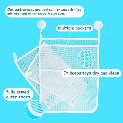 Vista 3 de 2 bolsas de malla para juguetes de bañera, organizador de juguetes de baño de 18 x 14 pulgadas, 4 ganchos ultra fuertes, color blanco