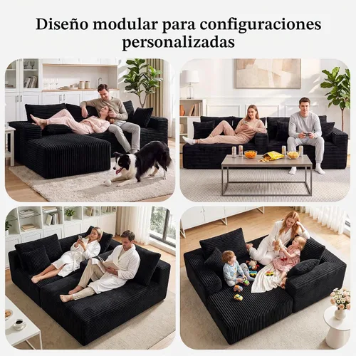 Vista 4 de Sofá modular en forma de L para sala de estar, sofá modular sin huesos con diván, sofá de pana con asiento profundo, no requiere montaje, negro