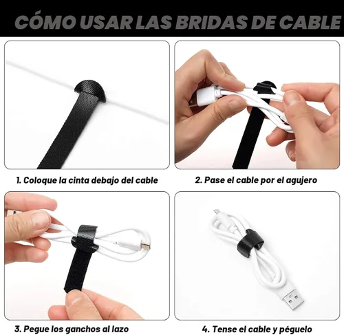 Vista 2 de 150 bridas reutilizables para cables - 4+6+8+10 pulgadas, correas de cables multiusos con gancho y bucle para gestión de cables, ataduras