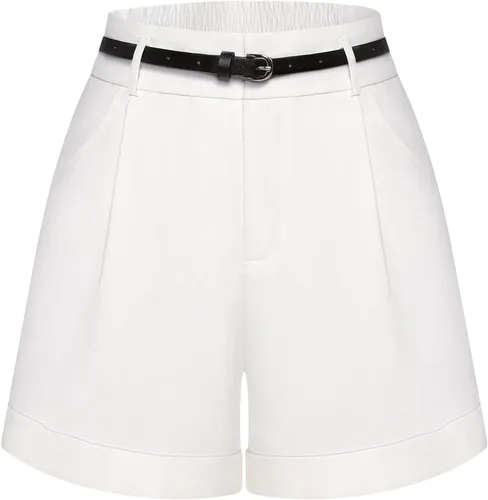 Vista 15 de Belle Poque Bermudas para mujer, cintura elástica, pantalones cortos de pierna ancha con bolsillos y cinturones Negro