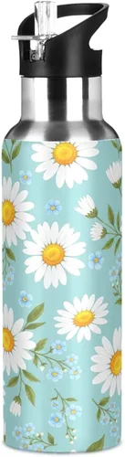 Vista 8 de Daisies - Botella de agua de acero inoxidable aislada al vacío con diseño de flores amarillas y azules, botella de agua deportiva de 32 onzas sin