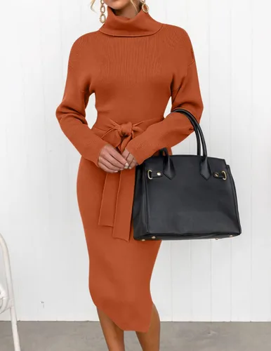 Vista 62 de ZESICA - Vestido por debajo de la rodilla de suéter, de cuello alto, para mujer, de manga larga, de punto acanalado, con abertura y cinturón