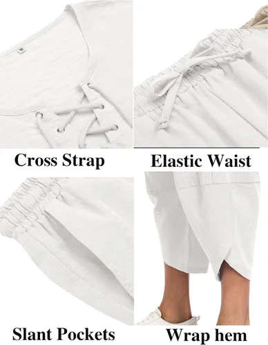 Vista 5 de Babioboa Conjunto de 2 piezas de lino para hombre, camisa hippie de manga corta y pantalones capri harén holgados para playa, pantalones de yoga