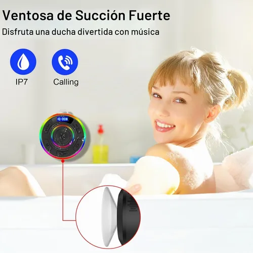 Vista 2 de Altavoz Bluetooth de ducha IPX7 impermeable, altavoces Bluetooth portátiles con ventosa y pantalla de tiempo, sonido de cristal y luz LED de graves