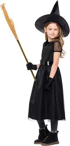 Vista 2 de FANCYINN Halloween Witch Costume for Girl Black Gauze Crazy Cosplay Costume Pretend Play Dress Up Deluxe Set with Hat 2-13T