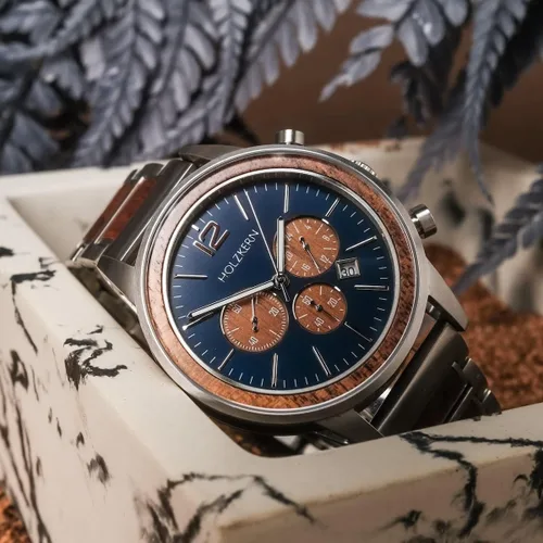 Vista 8 de HOLZKERN Oscar - Reloj para hombre, esfera azul de 1.654 pulgadas, acero inoxidable plateado y correa de madera de nogal, reloj casual para hombre