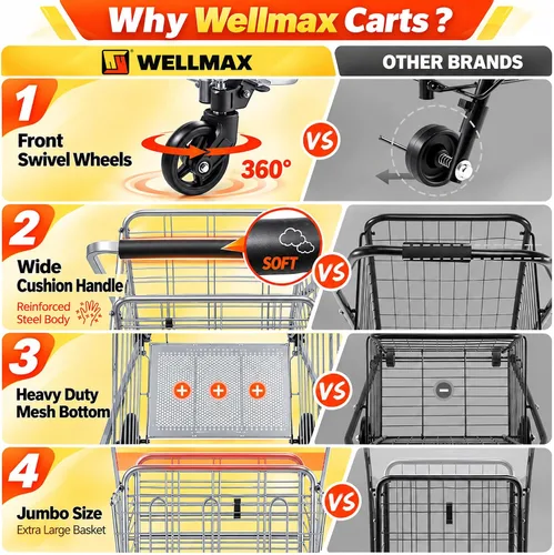 Vista 2 de Wellmax Heavy Duty Grocery Cart, Metal Folding Shopping Cart, 160 lb Max