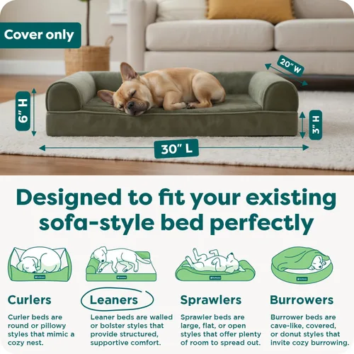 Vista 3 de Furhaven Funda de repuesto para cama de perro, estilo sofá, de pelo sintético y terciopelo, color salvia oscura, talla M