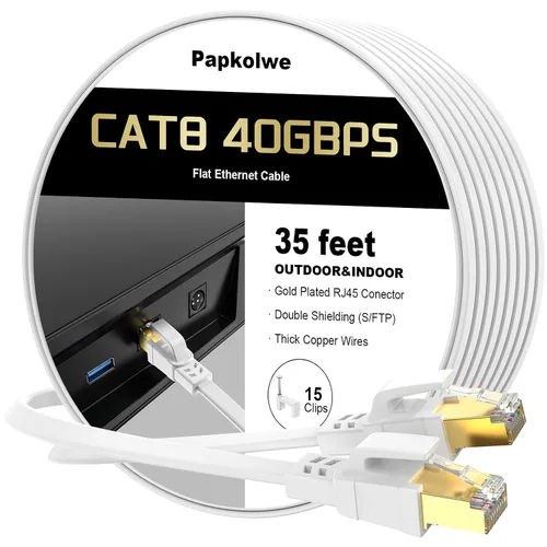 Vista 17 de Cable Ethernet Cat 8 de 1.5 pies, cable de red LAN Cat8 de alta velocidad, cable de conexión plano RJ45 de 40 Gbps 2000 MHz para computadora
