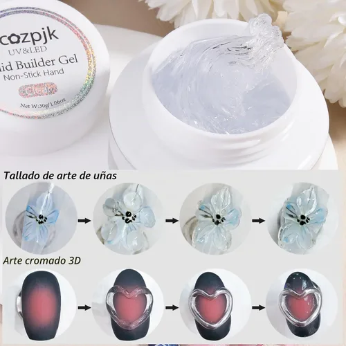 Vista 5 de Fcozpjk Gel constructor sólido de 30g para uñas y gel de esmalte de 15g, gel duro transparente no pegajoso para uñas con lápiz de tallado de Gel