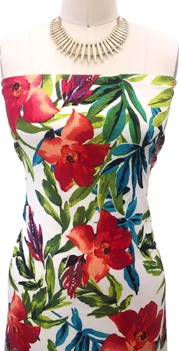 Vista 2 de Texco Inc Scuba Crepe Knit Flora Tropical Pattern/2-Way Stretch Prints Tela/Proyectos de bricolaje, nectarina blanca rota 5 yardas