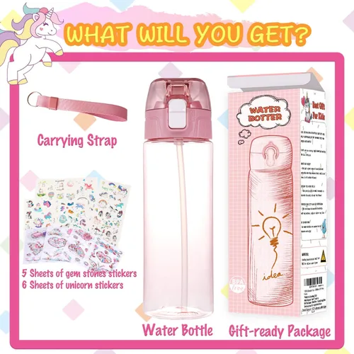 Vista 3 de Decora tu propia botella de agua con toneladas de gemas de purpurina y calcomanías de unicornio, material Tritan sin BPA, 20 onzas, kit