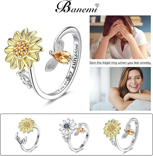 Vista 3 de Banemi Anillos antiestrés para la ansiedad para mujeres, anillo giratorio de flor de circonita cúbica, regalo de joyería para esposa, niña, día
