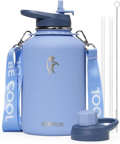 Vista 27 de Botella de agua Coolflask de 40 onzas con correa, botella de agua metálica aislada con popote y tapas con pico, acero inoxidable de doble pared al