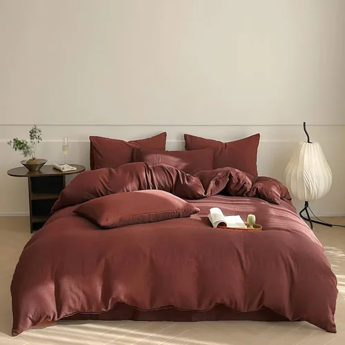 Vista 43 de Luxlovery - Juego de edredón color rojo ladrillo tamaño individual, juego de ropa de cama de 3 piezas, color rojo oscuro, suave, transpirable