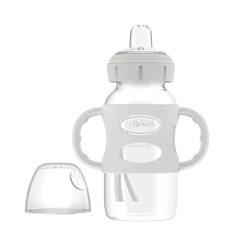 Vista 9 de Dr. Brown's Milestones - Botella de transición de cuello ancho con asas de silicona, 9 onzas, 9.1 fl oz, 19.7 ft+ azul claro y gris, paquete de 2