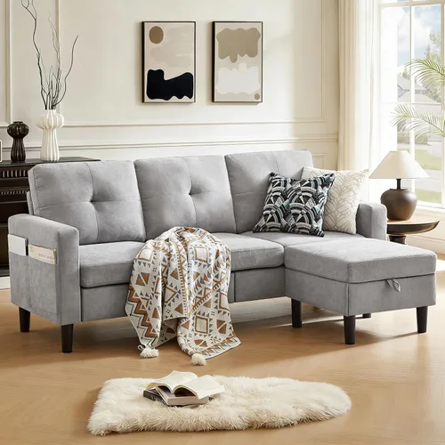 Vista 9 de Sofá Seccional Sofás para Sala de Estar, Sofás Seccionales Modulares de 3 Asientos en Forma de L con Almacenamiento y Chaise Reversible, Tela