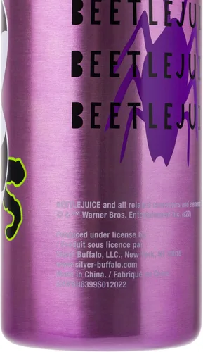 Vista 6 de Silver Buffalo Beetlejuice - Botella de agua de acero inoxidable con correa "Say it Three Times" con gusano de arena, 27 onzas