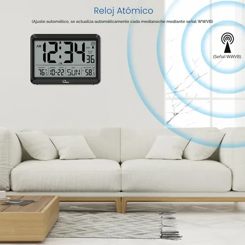 Vista 3 de WallarGe Reloj atómico con temperatura interior y exterior, reloj digital de 8.5 pulgadas, funciona con pilas, ajuste automático, 4 zonas horarias