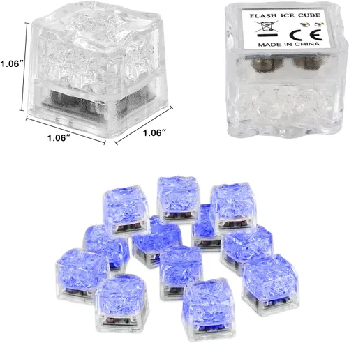 Vista 3 de Cubos de hielo iluminados para bebidas azules, 12 cubos de hielo LED activados por líquidos, brillan en la oscuridad impermeables, suministros