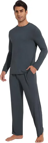 Vista 9 de WiWi Conjunto de pijama de viscosa de bambú para hombre, ropa de dormir de manga larga, ropa de dormir de punto, 2 piezas, conjuntos de ropa